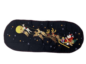 Santa and Reindeer in Sleigh on Black Background Tablerunner