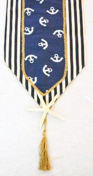 Burlap & Blue Fabric Nautical Anchors Table Runner with Starfish Accent