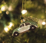 Cody Foster Small Blue Holiday VW Beetle Bug Car Christmas Village Glass Ornament,