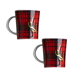Holiday Lodge Red Buffalo Check Gold Stag Deer Antler Coffee Tea Drink Mug Set of 2