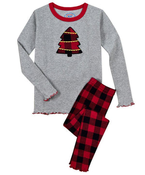 Sara's Prints Red Black Buffalo Check Girls Tree Christmas Winter Pajamas 2 Pc Set