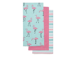 Pink Flamingo Print on Light Blue Tea Kitchen Towel Set of 3