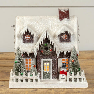 Ragon House Snowy Deep Red Winter Cottage Christmas Village Putz House with Snowman