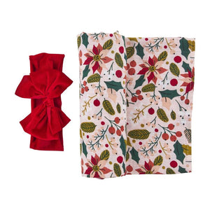 Mud Pie Kids Poinsettia and Christmas Holly  Muslin Cotton Baby Blanket and Headband Set