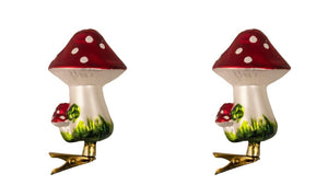 4" Glass Toadstool Mushroom Woodland Glass Clip-On Ornament Set of 2