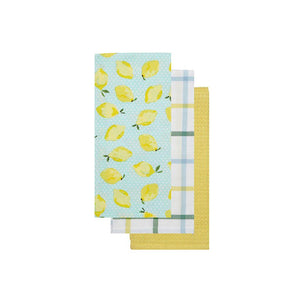 Lemon Print on Blue Cotton Kitchen Dish Towel Set of 3