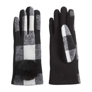 Mud Pie Womens White Black Buffalo Check Womens Winter Gloves with Pouf Accent