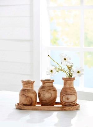 Windowsill Vanity Natural Wood Trio Small Vase and Tray 4 Pc Set