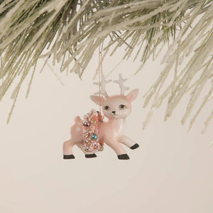 Bethany Lowe Pale Pink Reindeer with Wreath Retro Christmas Ornament