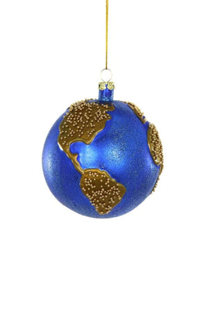 Cody Foster Shiny Blue and Gold World Globe with Glitter Beaded Glass Ornament