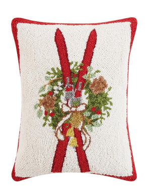Winter Cross Country Skis with Wreath Christmas Hooked Wool Pillow