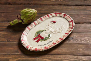 Mud Pie Home WARMEST WISHES Christmas Deer Watercolor Plaid Serving Platter