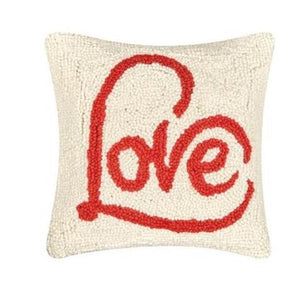 LOVE Red Heart Scroll Valentine Accent Pillow Hooked Wool 10" Sq