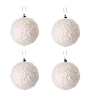 White Frosted Snow Snowball 4" Christmas Ornament Set of 4