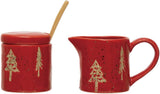 Red Stoneware Creamer and Sugar Bowl w/ Gold Electroplate Christmas Tree Design
