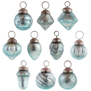 Mini 1" Tall Mercury Glass Christmas Ornament Set of 10 Styles Blue Color
