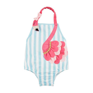 Mud Pie Kids Flamingo Applique Blue White Stripe Girls 1 Pc Bathing Suit Swimsuit