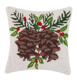 Christmas Pine Bough Cones and Holly Hooked Wool Accent Pillow 12" Sq