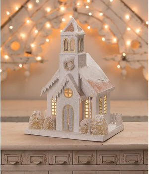 Bethany Lowe White Christmas Village Church with Metallic Accents Putz Figure