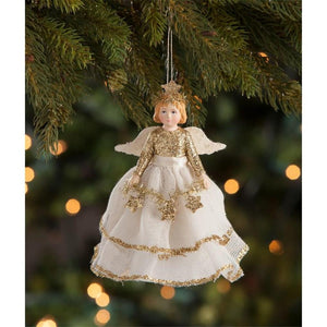 Gold and White Glitter Christmas Angel 5.75" Tree Peaceful Storybook Ornament