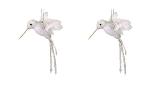 8" White Velvet Glitter Sequin Woodland Hummingbird Ornament Set of 2