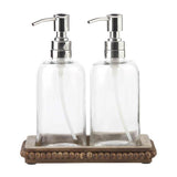 Mud Pie Home Glass Soap Lotion Pump Jars and Brown Beaded Wood Tray Set