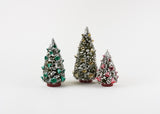 180 Degrees Dark Green Sisal Bottle Brush Christmas Village Trees with Bells Set of 3