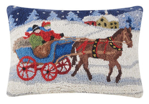 Horse Carriage Ride Winter Scene Hooked Wool Christmas Throw Pillow