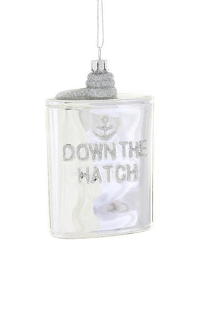 Down the Hatch Drink Whiskey Flask Silver Glitter Glass Christmas Ornament