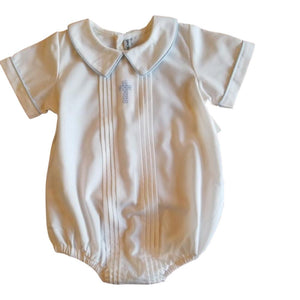 Boys Christening with Blue Trim and Cross Pleated Front Baby Bubble Set