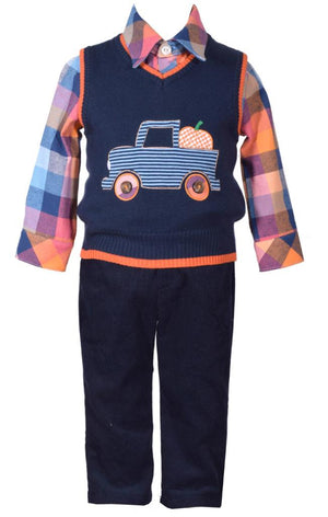 Bonnie Jean 3 Piece Sweater Vest with Truck Applique Shirt and Pants Set
