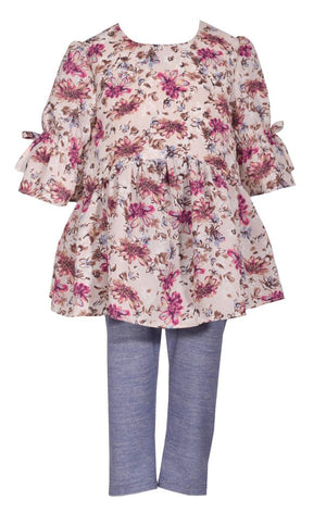 Bonnie Jean Bell Sleeve Floral Print Flounce Tunic Top and Blue Legging Pants Set