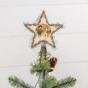 Ragon House 7" Retro Kids in Snow Print with Tinsel Edging Christmas Tree Star Shape Topper
