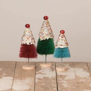 Bethany Lowe Christmas Bottle Brush Cupcake Trees with Icing and Sprinkles Set of 3