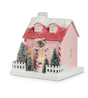 RAZ 8.25" Lighted Pink with Candy Cane Trim and Snowman Christmas Village House