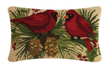 Cardinal Duo on Holly and Pine Cones 12" x 20" Christmas Hooked Wool Pillow