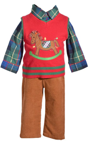 Bonnie Jean 3 Piece Christmas Sweater Vest Pants Set with Rocking Horse