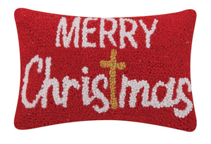 MERRY CHRISTMAS with Cross Red Hooked Wool Throw Pillow