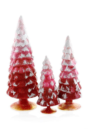 Christmas Tree Glittered Glass Figures Village Forest Set of 3 Red Colors