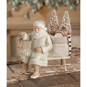 Bethany Lowe Woodland Christmas Pale Aqua and Gold Santa on Sled with Toy Sack Figure