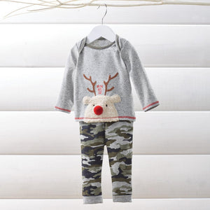 Mud Pie Kids Camo Christmas Reindeer 2 Pc Top Pants Set