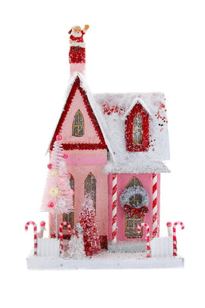 Cody Foster 14" Red and Pink Christmas Village Cottage House with Candy Canes and Santa