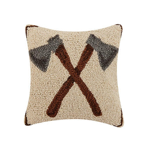 HIking Camping Crossed Hatchets 10 Sq Hooked Wool Home Accent Pillow