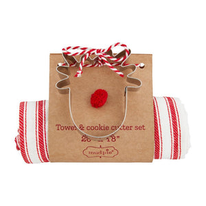 Christmas Red Ticking Print Towel and Metal Cookie Cutter Set