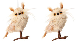Champagne Color Fuzzy Horned Owl Nature Woodland Forest Bird Christmas Ornament Set of 2