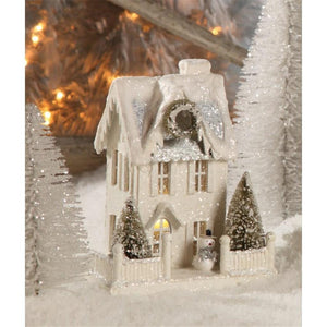 Bethany Lowe 9" Tall White Christmas Village House with Snowman
