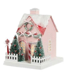 RAZ 8.25" Lighted Pink with Candy Cane Trim and Garland Christmas Village House