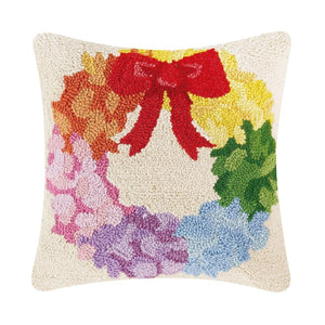 Christmas Rainbow Wreath 16" Sq Decorative Hooked Wool Throw Pillow