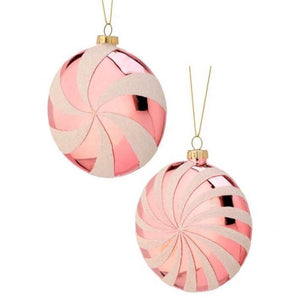 Pale Pink Peppermint Starburst Candy Glass Christmas Ornament Set of 2