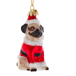 Kurt Adler 3.5" Pug Dog in Santa Suit Noble Gems Glass Christmas Ornament